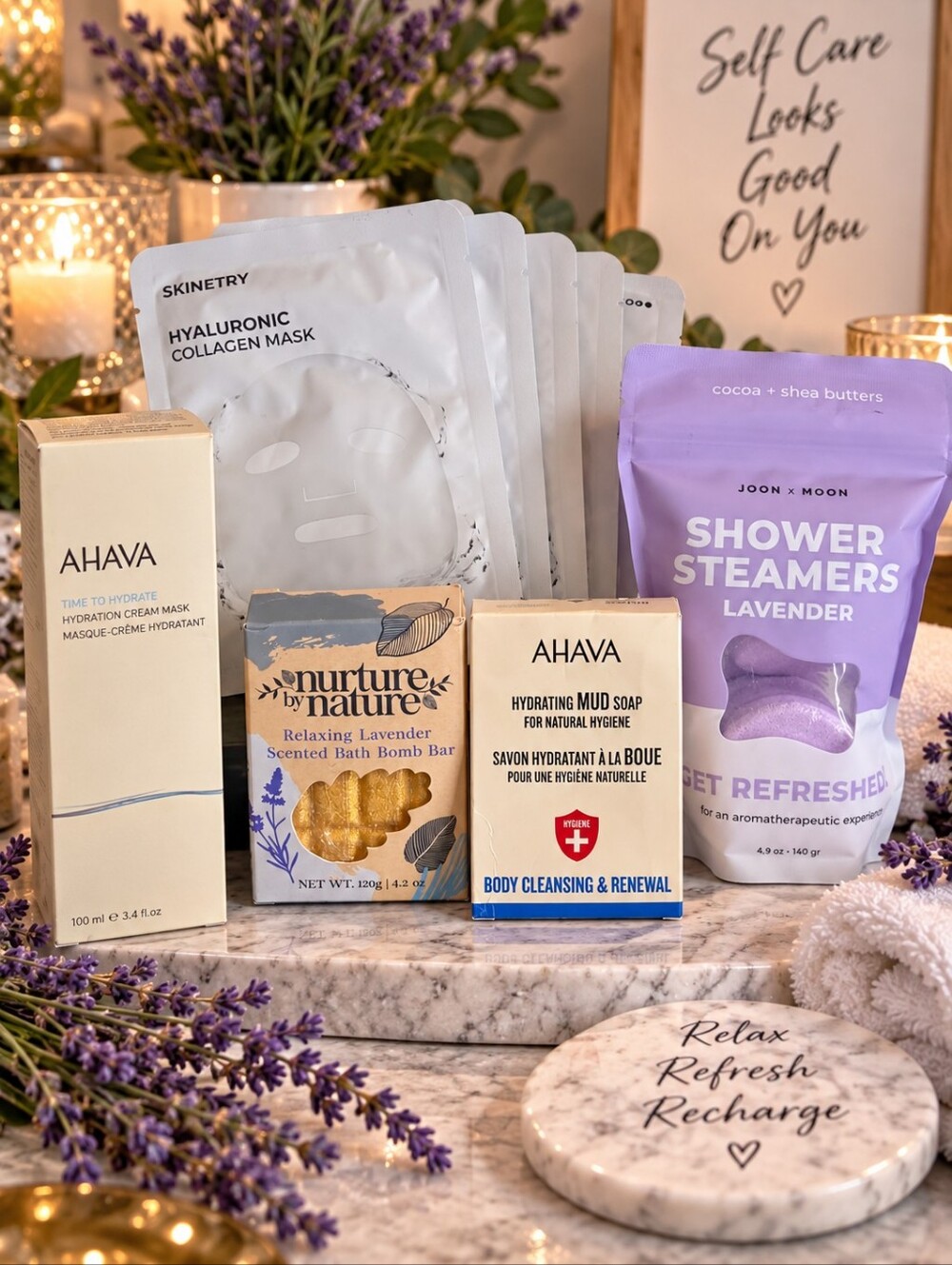 Luxury Spa Self Care Bundle AHAVA Skincare Masks Lavender Bath & Shower Set